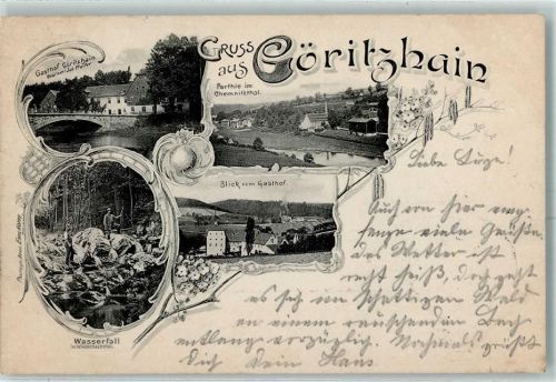 Lunzenau 1900 Gasthof Göritzhain Partie im Chemnitzthal Wasserfall im Wiederbachthal Blick vom Gasthof