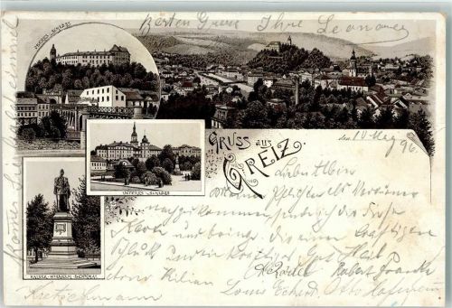 Greiz 1896 Kaiser Wilhelm-Denkmal Unteres Schloß Oberes Schloß Lithographie