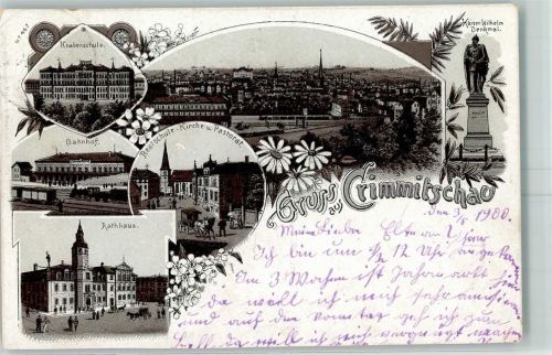 Crimmitschau 1900 Knabenschule Bahnhof Realschule Kirche Pastorat Rathaus Kaiser Wilhelm-Denkmal