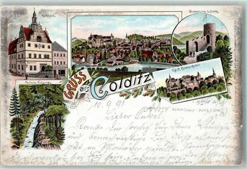 Colditz 1898 Rathaus Wettinturm Kgl. S. Landes-Anstalt Partie im Tiergarten