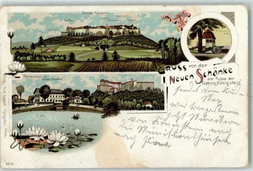Königstein Festung Friedrichsburg Restauration Zur neuen Schänke Seerosen Lithographie