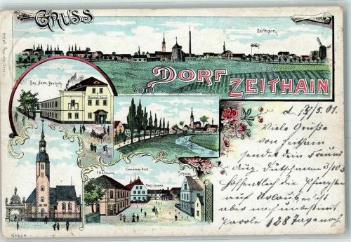 Zeithain 1901 Gasthaus Zum Stern Bes. Herm. Jentsch Kirche F. Hofmann Gemeindeamt Schule Rest. Lorenz Lithographie