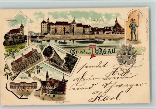 Torgau Gruss aus - Kaserne, Wappen, Schloss, Gymnasium AK