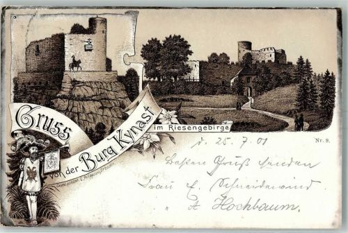 Hirschberg im Riesengebirge 1901 Druck 1890-1895 Stempel Burg Kynast Grus aus Lithographie