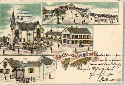 Ellerstadt Lithographie Kirche Kriegerdenkmal Post Schule Dorfstrasse beschnitten