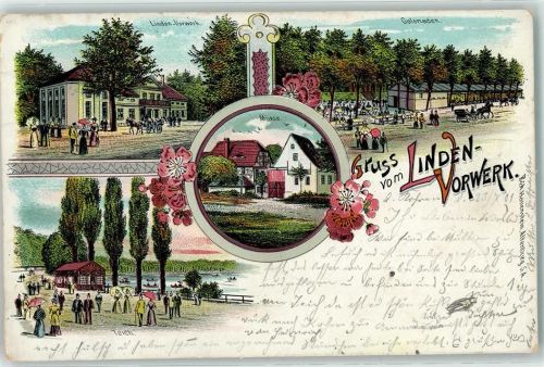 Geithain 1901 Gruss vom Linden Vorwerk Colonaden Teich Kutsche Mühle Blumen Ruderboot