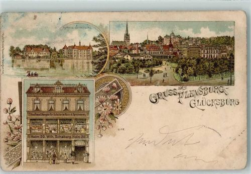 24960 W2392 Glücksburg (Ostsee) 1898 Gebrauchsspuren Schloss Glücksburg Kaufhaus I. Ranges für Galanterie-Kurz- und Spielwaren Holm 20 Wilh. Schaberg Lithographie