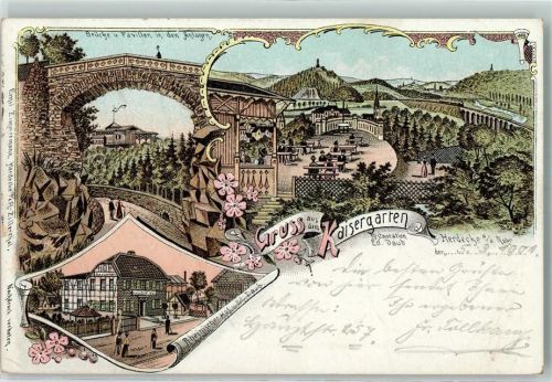Herdecke 1901 Kaisergarten Brücke und Pavillon in den Anlagen Rheinischer Hof Restauration Ed. Daub Lithographie