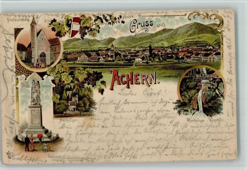 Achern 1898 Gruss aus - Wasserfall Allerheiligen, Nikolaus Kapelle, Ottmar Zieher