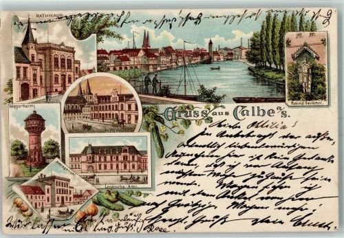 Calbe 1897 Rathaus Roland-Denkmal Postgebäude Wasserturm Landrats-Amt Amtsgericht Lithographie