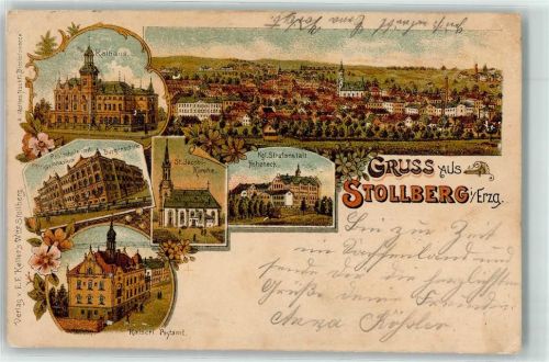 Stollberg Rathaus Realschule Progymnasium Bürgerschule St. Jacobi Kirche Königliche Strafanstalt Hoheneck Kaiserliches Postamt Blumen Gruss Lithographie