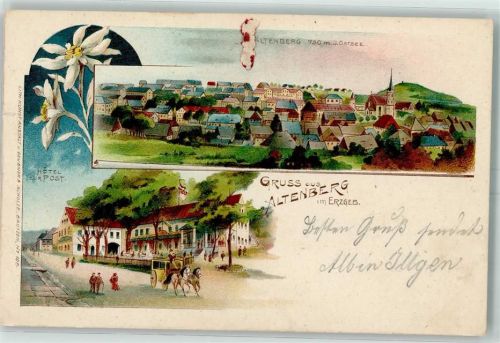 Altenberg 1903 Hotel Zur Post Edelweiss Postkutsche Lithographie