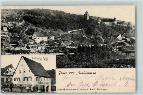 Aschhausen 1908 Gasthaus zur Sonne Turm Gruss