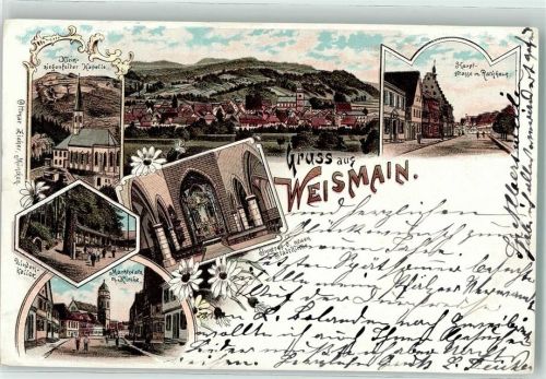 96260 W8628 Weismain 1896 Lithographie Kleinziegenfelder Kapelle Hauptstaße m. Rathaus Lindenkeller Marktplatz m. Kirche Inneres d. neuen Stadtkirche