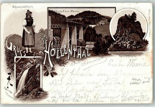 Höllental 1895 Vorläufer Schwatzwälderin Tracht Wasserfall Viadukt Ravennafelsen Bahnpost Zug 174