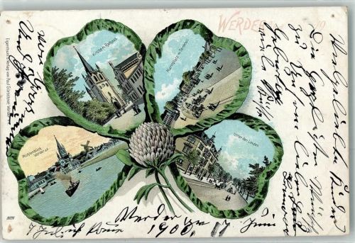 Werder 1900 Kirche Rathaus marktplatz Denkmal Unter den Linden Mühlenblick Pferdestraßenbahn Windmühle Ruderboot Schiff Kleeblatt Lithographie
