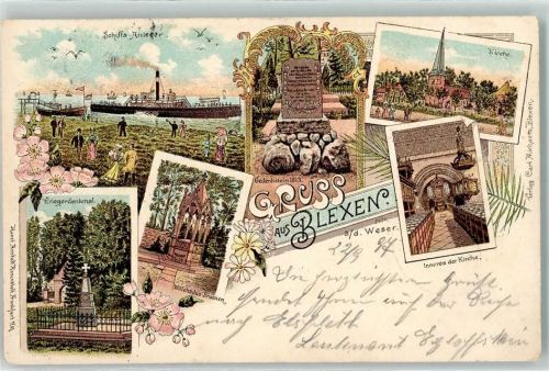 26954 W2890 Blexen 1897 Lithographie Willehadus-Brunnen Kriegerdenkmal Gedenkstein 1813 Schiffs-Anleger Raddampfer