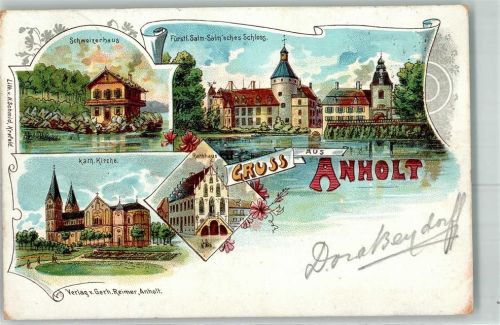 46419 W4294 Anholt , Westf 1900 Lithographie Schweizerhaus Fürstl. Salm- Salm`sches Schloss Kath. Kirche Rathaus