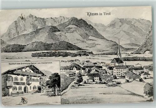 Kössen 1911 Vogelschau Gasthaus zum Erzherzog Rainer von Österreich Fahrrad