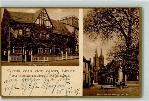 Geisenheim Gasthaus zur Linde Alte Linde Rheingauer Dom Gruss Fahne Bahnpost