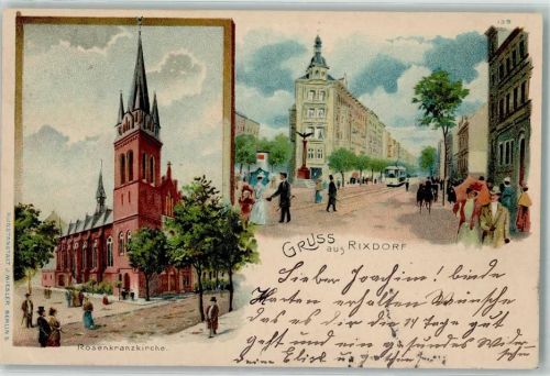 Rixdorf 1900 Rosenkranzkirche Straßenbahn Litfaßsäule