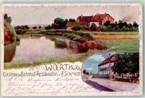 Wörth 1900 Gasthaus u. Bahnhof Restauration v. F. Schmidt sign. M.R.