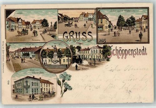 Schöppenstedt 1899 Marktplat Gasthaus zum Zoll Hotel zum Deutschen Haus Bahnpoststempel Lithographie