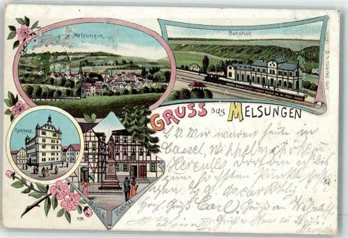Melsungen 1902 Kriegerdenkmal Rathaus Bahnhof Litho