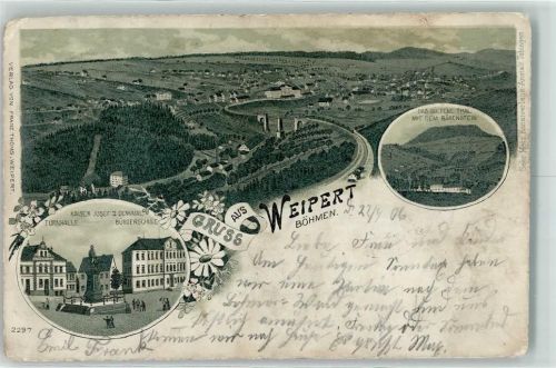 Vejprty 1906 Kaiser Josef II. Denkmal Turnhalle Bürgerschule das güldene Tal mit dem Bärenstein Lithographie