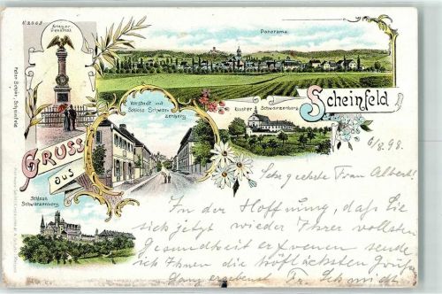 91443 W8533 Scheinfeld 1898 Lithographie Kriegerdenkmal Vorstadt mit Schloss Schwarzenberg Kloster Schwarzenberg