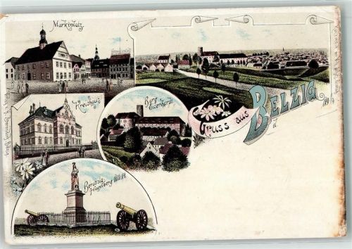 Belzig 1896 Marktplatz Kreishaus Burg Eisenhardt Borussia Hagelberg 1813-14 Kanone Kirche Blumen Gruss
