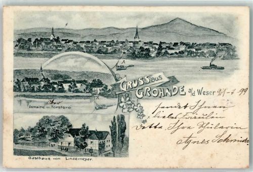 31860 W3254 Grohnde 1899 Lithographie Gasthaus v. Lindemeyer Försterei Weser Raddampfer