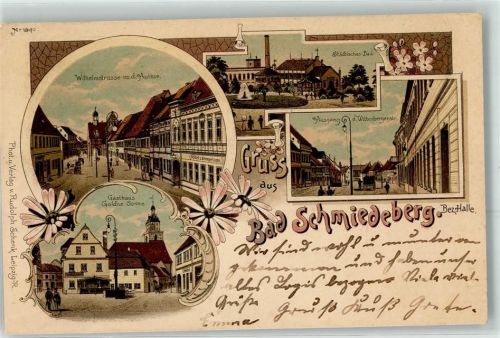 Bad Schmiedeberg 1899 Wilhelmstraße Gasthaus Goldne Sonne Städtisches Bad Ausgang Wittenbergerstraße Fabrik Hotel zum Kronprinzen Gruss Blumen