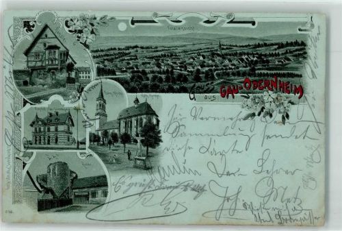 Gau-Odernheim 1900 Kanzlei Ev. Kirche Ruine Mond Blumen Gruss Lithographie