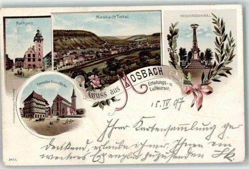 Mosbach 1897 Rathaus Kriegerdenkmal Palmsches Haus Kirche Gruss Blumen