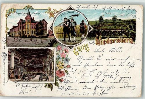 08396 O9611 Niederwiera 1907 Lithographie Gasthaus zum Wierathal Saal Garten Altenburger Bauern Trachten