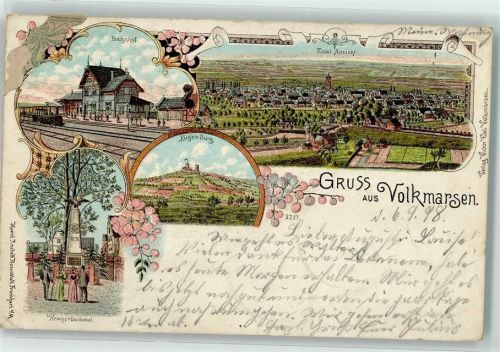 Volkmarsen 1898 Kugels-Burg Bahnhof Kriegerdenkmal Lithographie
