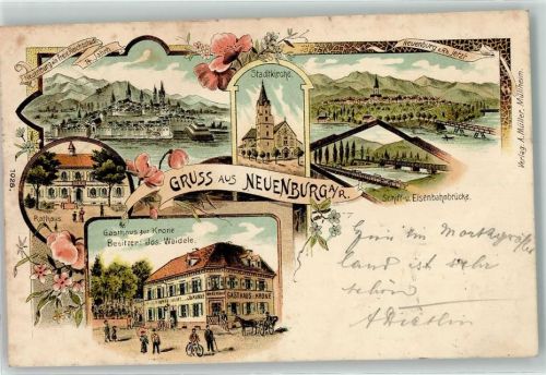Neuenburg 1899 Rathaus Stadtkirche Schiff- u. Eisenbrücke Gasthaus zur Krone