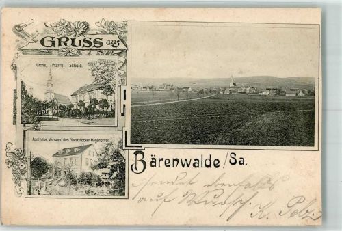 Bärenwalde 1901 Kirche Pfarre Schule Apotheke Bahnpoststempel Zg. 1135 beschnitten