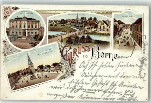 27804 W2876 Berne , Kr Wesermarsch 1897 Lithographie Kückene-Stifung Krankenhaus Marktplatz Kriegerdenkmal Lange Straße