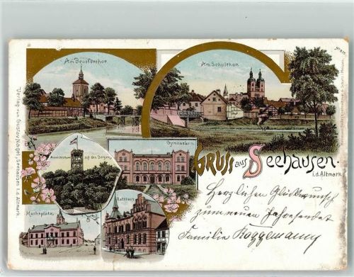 39615 O3550 Seehausen Altmark 1897 Gebrauchsspuren Am Schultor Gymnasium Marktplatz Aussichtsturm Rathaus Lithographie