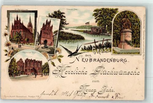 Neubrandenburg 1896 Treptower Tor Friedländer Tor St. Marienkirche Fritz Reuter-Denkmal Lithographie