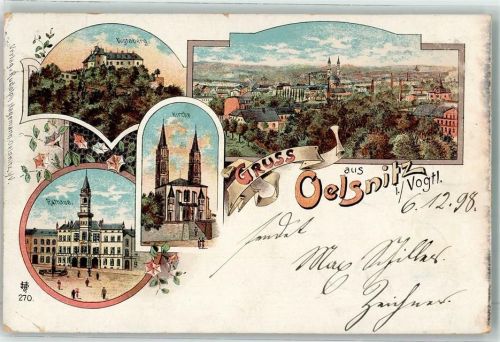 Oelsnitz 1898 Vogtsberg Rathaus Kirche Litho