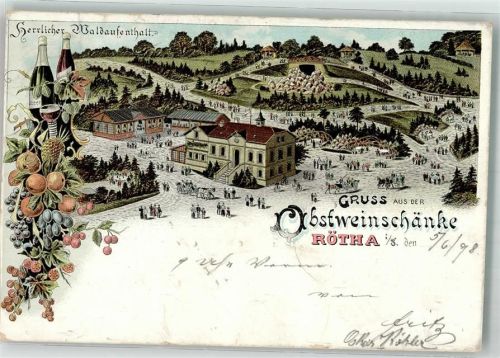 Rötha 1898 Lithographie Obstweinschänke Obstweinflaschen
