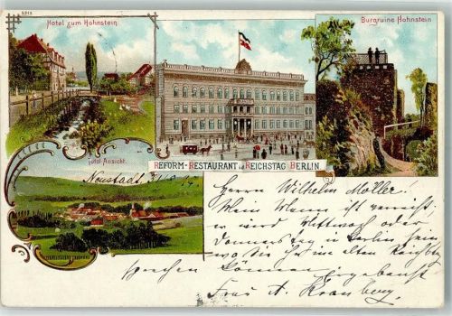 Neustadt 1897 Hotel zum Hohnstein Burgruine Hohnstein Reform-Restaurant im Reichstag Berlin Lithographie