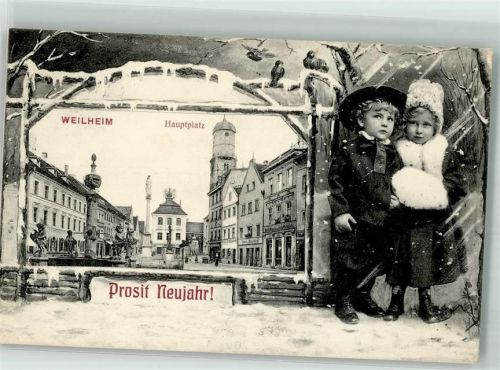 Weilheim Junge mit Hut Mädchen mit Muff Hauptplatz Marktbrunnen Winter Neujahreskarte
