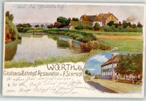 Wörth 1902 Bahnhofs-Gasthaus Teich Lithographie