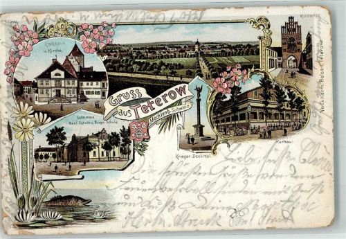 Teterow 1899 Rathaus Kirche Kurhaus Hechtteich Wappen Lithographie