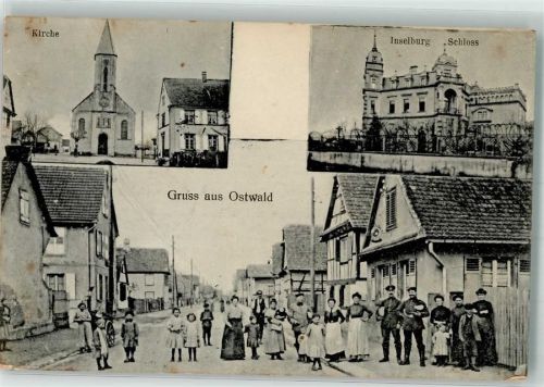 67540 Ostwald 1917 Foto AK Kirche Schloss Inselburg Feldpost WK I 2.Ers.batt. Fußart. Rgt. 13