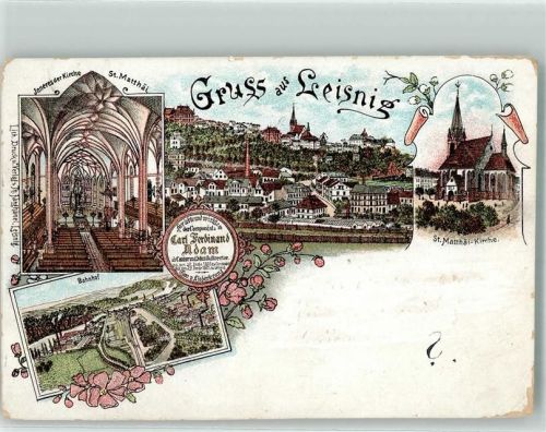 Leisnitz 1898 St. Matthai-Kirche Kircheninneres Bahnhof Lithographie